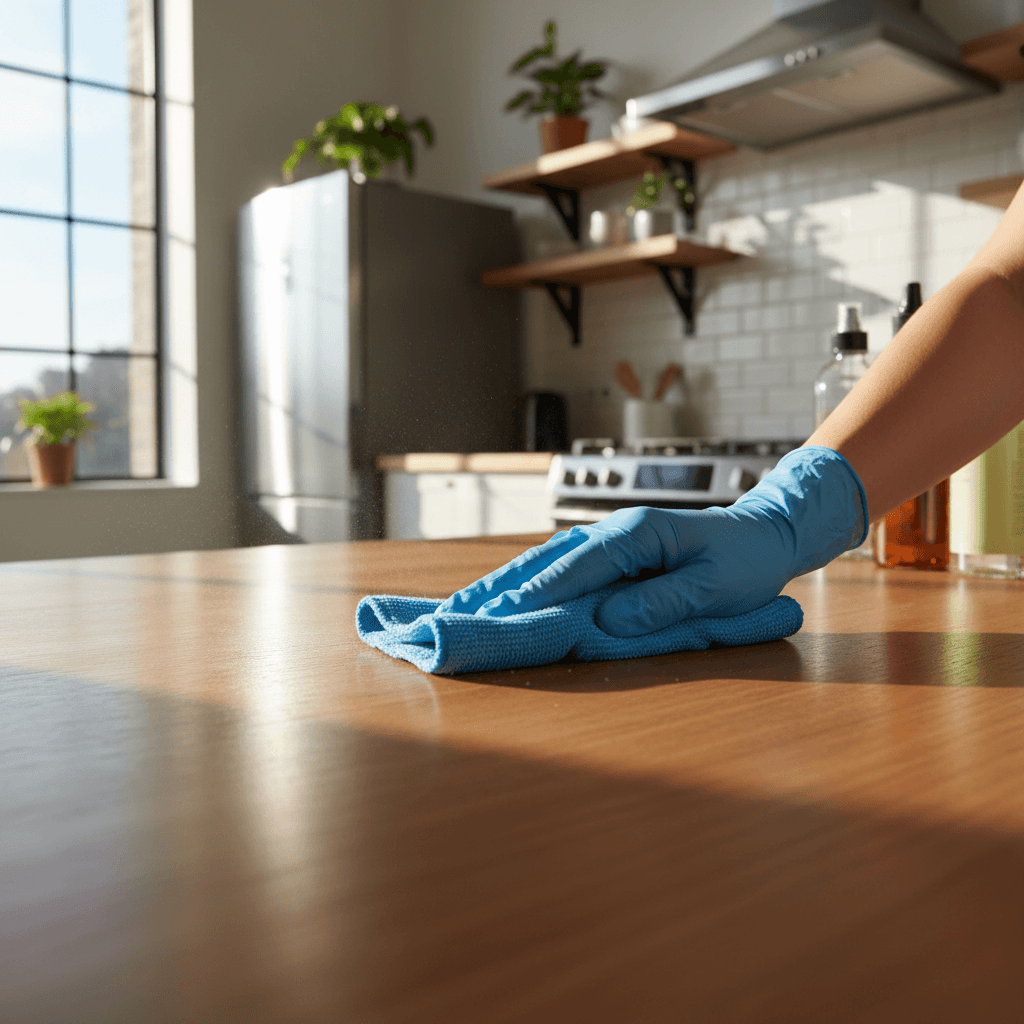 Professional cleaner's hands wiping kitchen countertop with microfiber cloth in bright, modern kitchen with natural window light