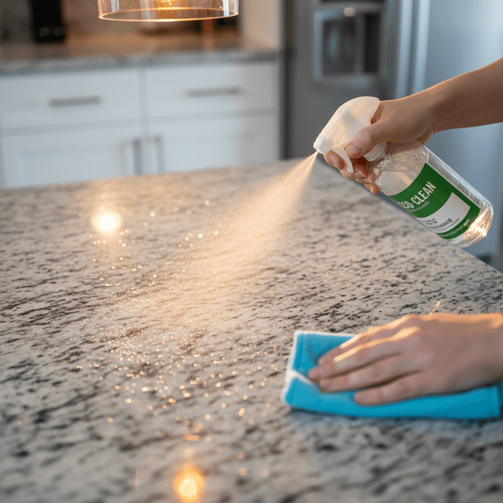 Overhead close-up of hands applying eco-friendly cleaner to kitchen countertop with spray bottle